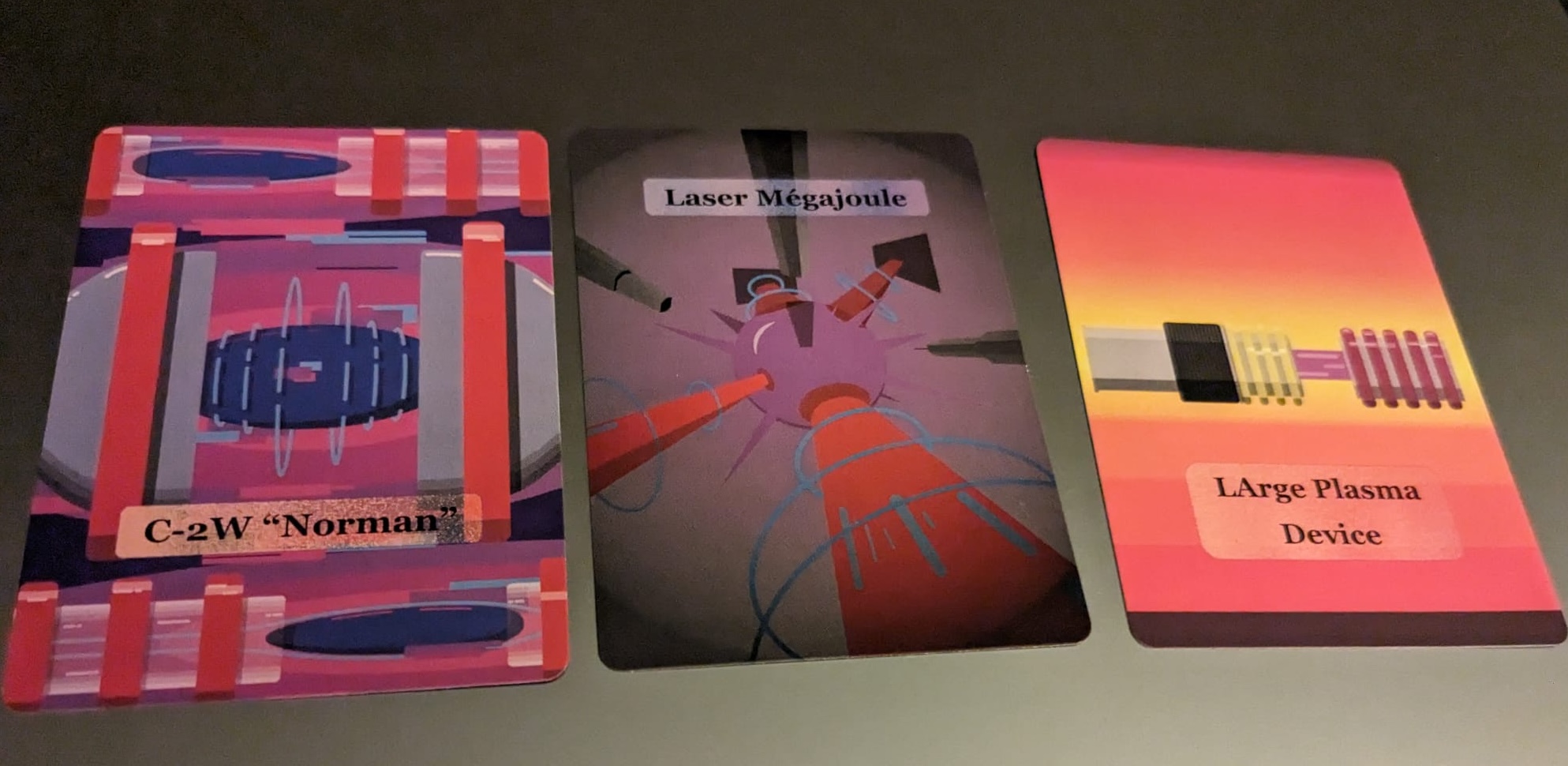 The three cards that I made: C2W, Laser Megajoule, and LAPD.